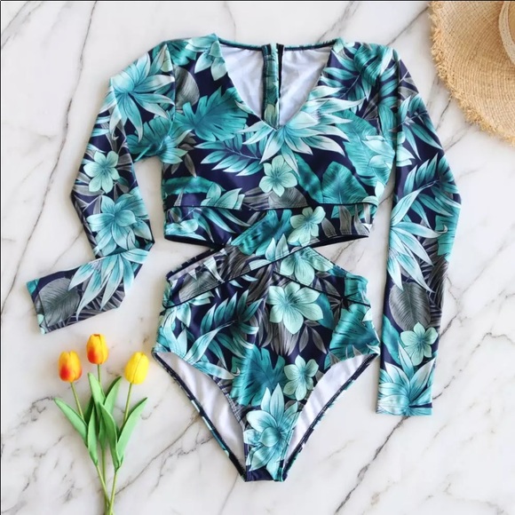 “The Eryn” Tropical Cutout Long Sleeve Swimsuit - Picture 3 of 9